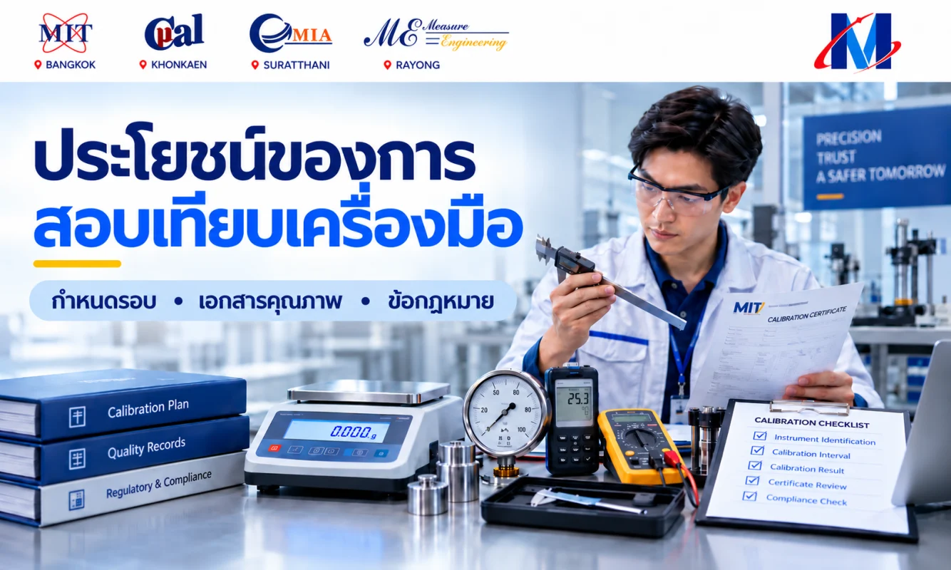 เจ้าหน้าที่ตรวจสอบเครื่องมือวัดในห้องปฏิบัติการ พร้อมข้อความประโยชน์ของการสอบเทียบเครื่องมือ