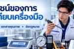 เจ้าหน้าที่ตรวจสอบเครื่องมือวัดในห้องปฏิบัติการ พร้อมข้อความประโยชน์ของการสอบเทียบเครื่องมือ